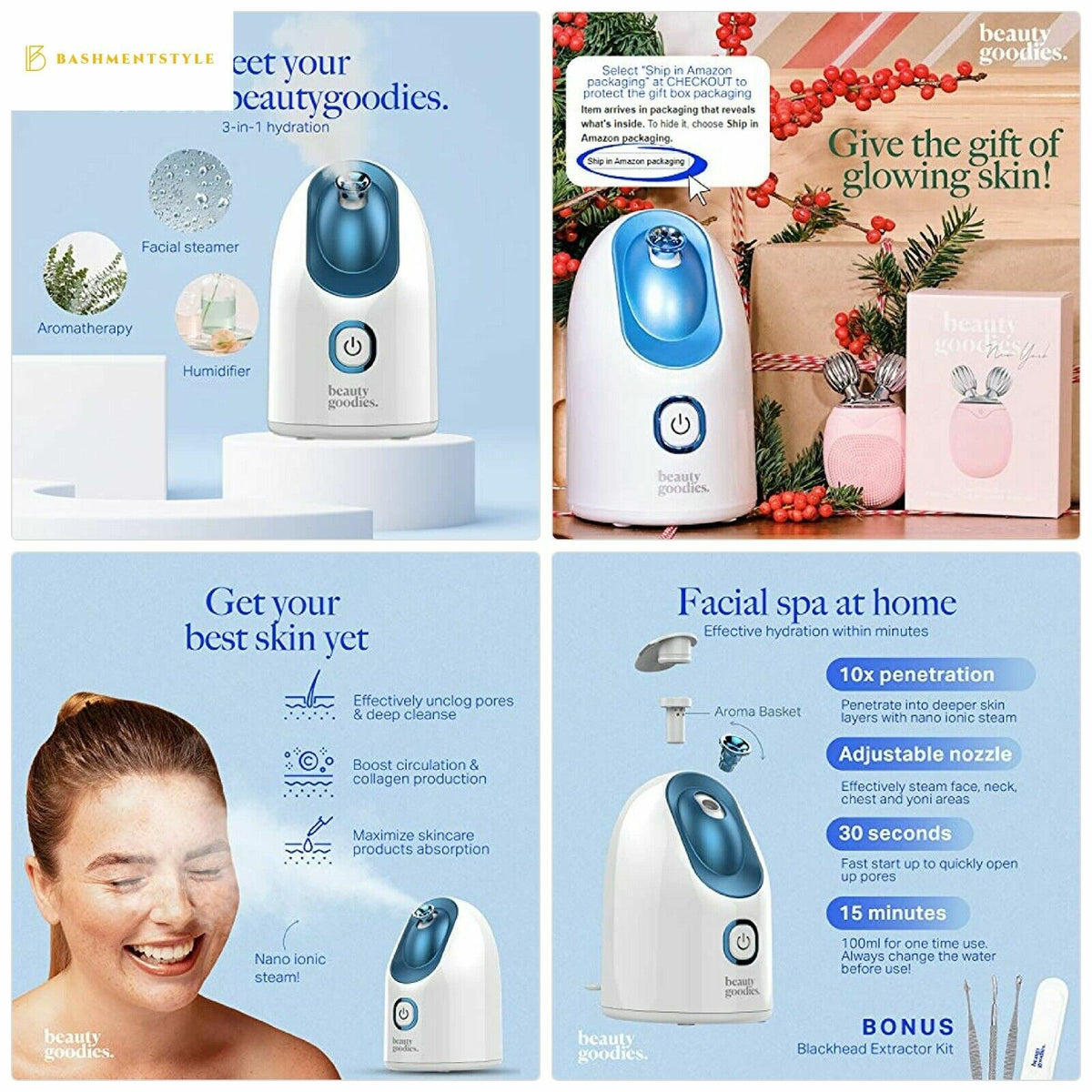 Nano Ionic Facial Steamer with Blackhead Remover Kit - Home Spa Skin Care