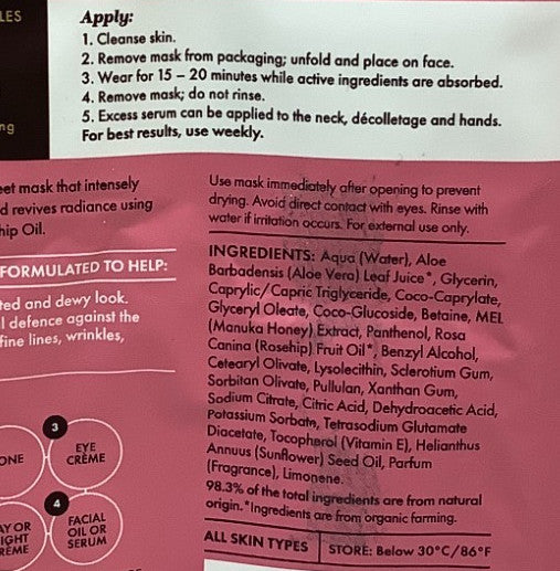 Hydrating Rosehip Sheet Mask w/Manuka Honey, 6 Pack