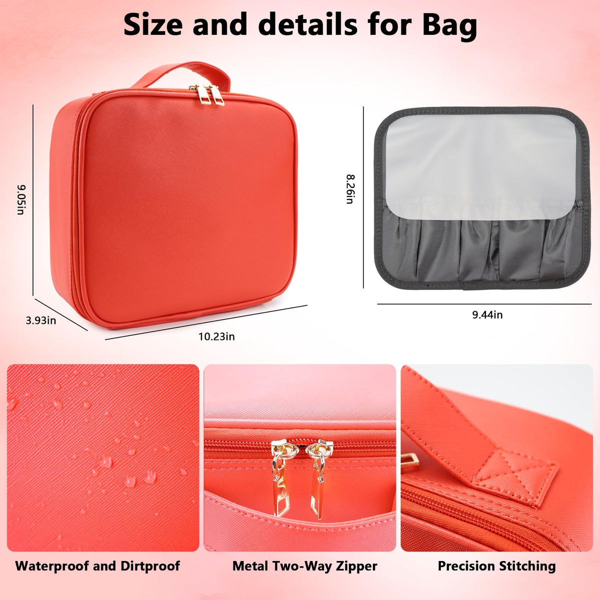 Travel Makeup Bag with LED Mirror, Adjustable Dividers & Pink Finish