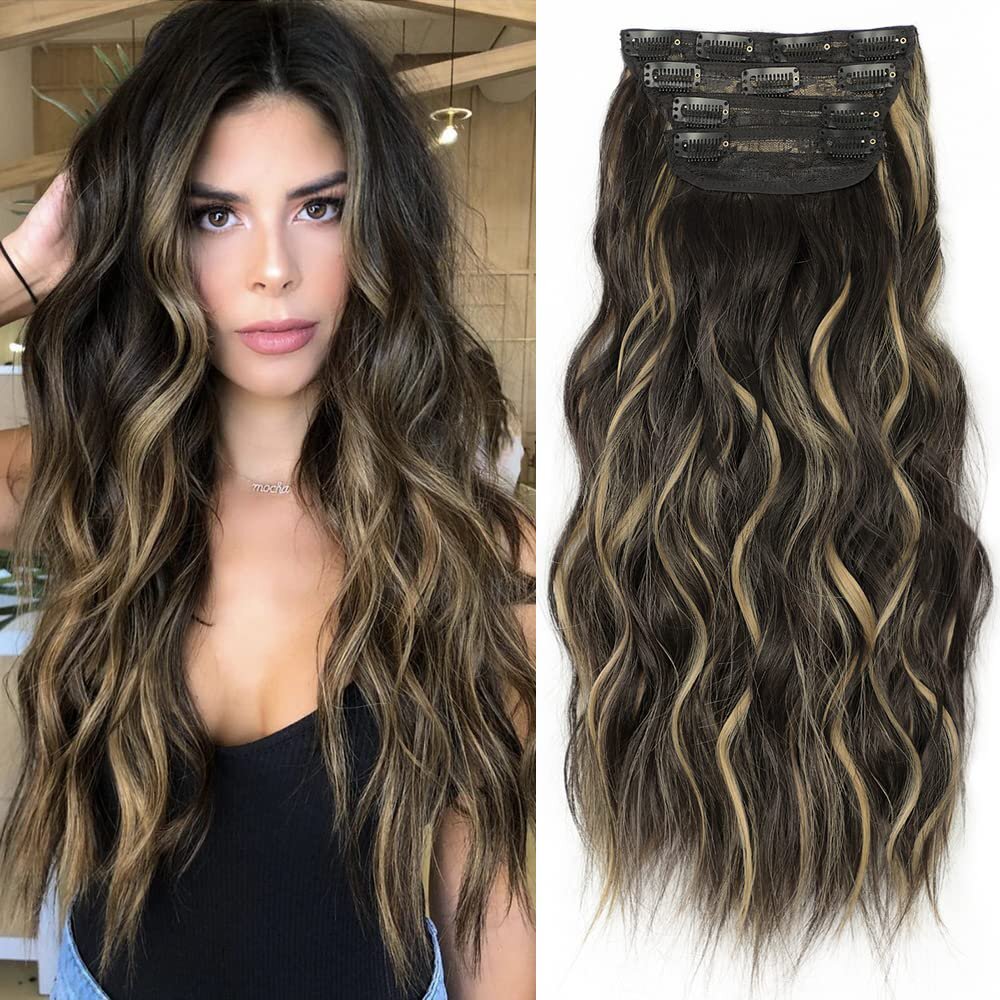 4PCS Clip-In Wavy Hair Extensions Long Synthetic Weft - Natural Blonde to Brown