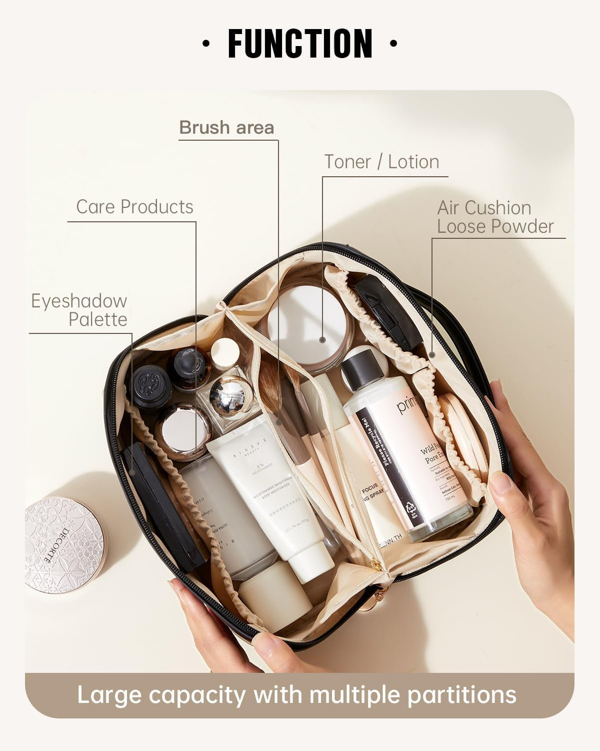Travel Makeup Bag with Waterproof Fabric & Multiple Pockets - Large Capacity Cosmetic Organizer