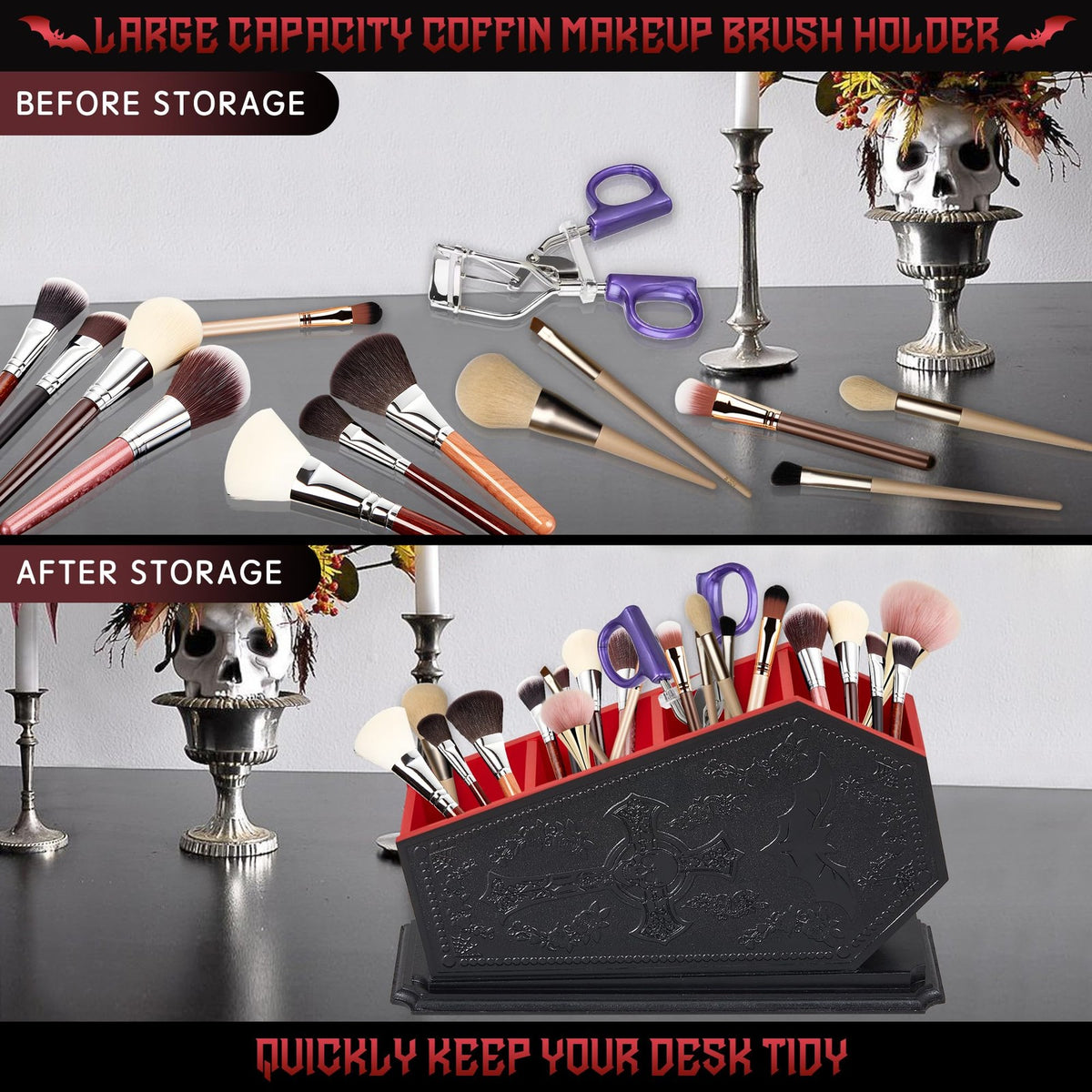 Gothic Coffin Makeup Brush Holder with Bat Design - Spooky Cosmetic Organizer