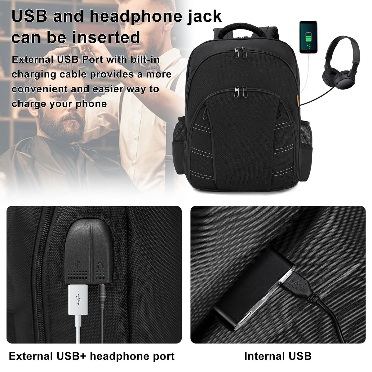 Barber Tools Backpack Bag with USB Port - Portable Clipper Organizer, Large Capacity
