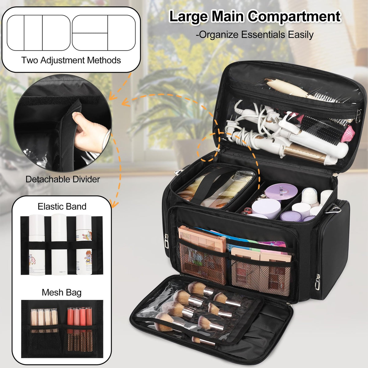 Large Makeup Organizer Bag with 2 Pouches - Travel Cosmetic Case