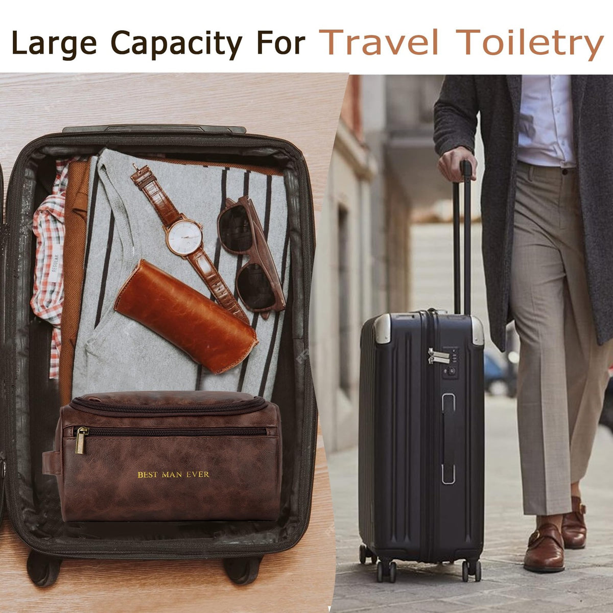 Men's Leather Travel Toiletry Bag Organizer with Hanging Waterproof Design