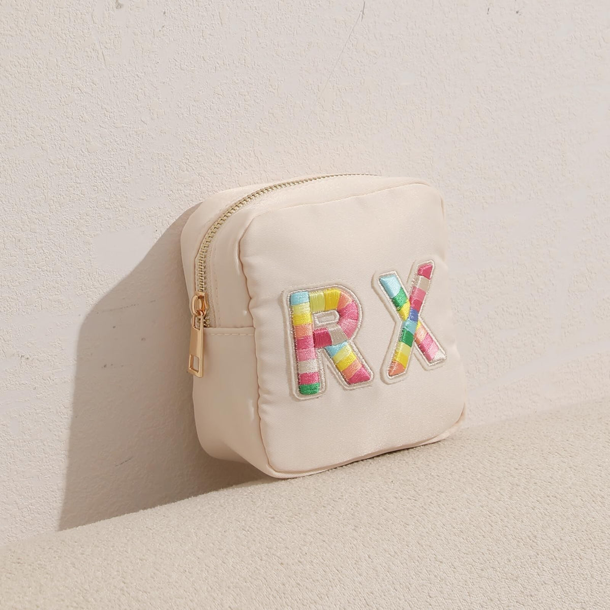 Travel Makeup Bag with Chenille Letter Patches Waterproof Nylon Compact Organizer