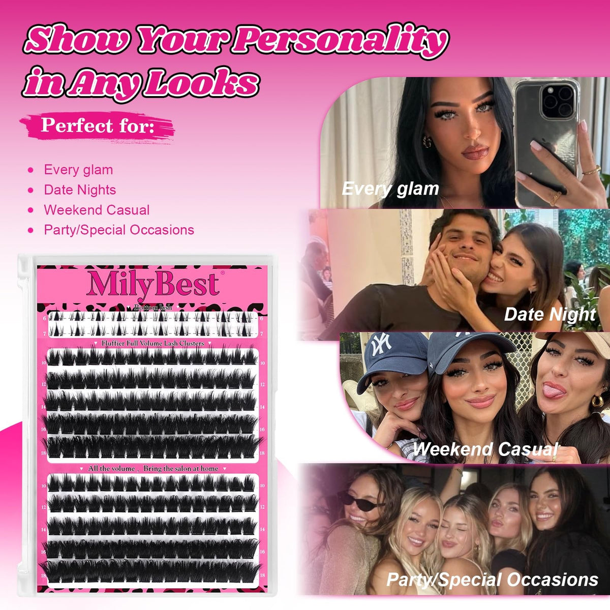 False Eyelash Clusters with Spikes, Bottom 4 Pack - Black, Trendy & Reusable
