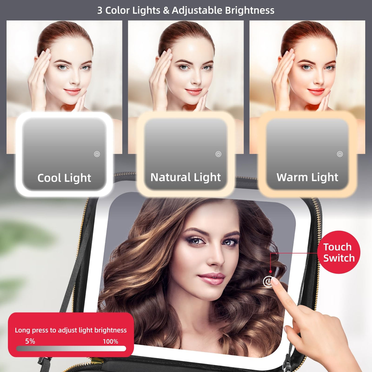 Travel Makeup Bag with Illuminated Mirror and Adjustable Compartments