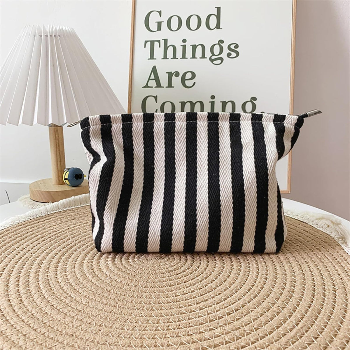 Large Stripe Canvas Makeup Bag Cosmetic Travel Pouch Organizer - Vintage Black & White
