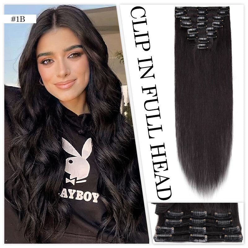Clip-In Human Hair Extensions Full Head Set - Remy Straight Hair 8 Pieces