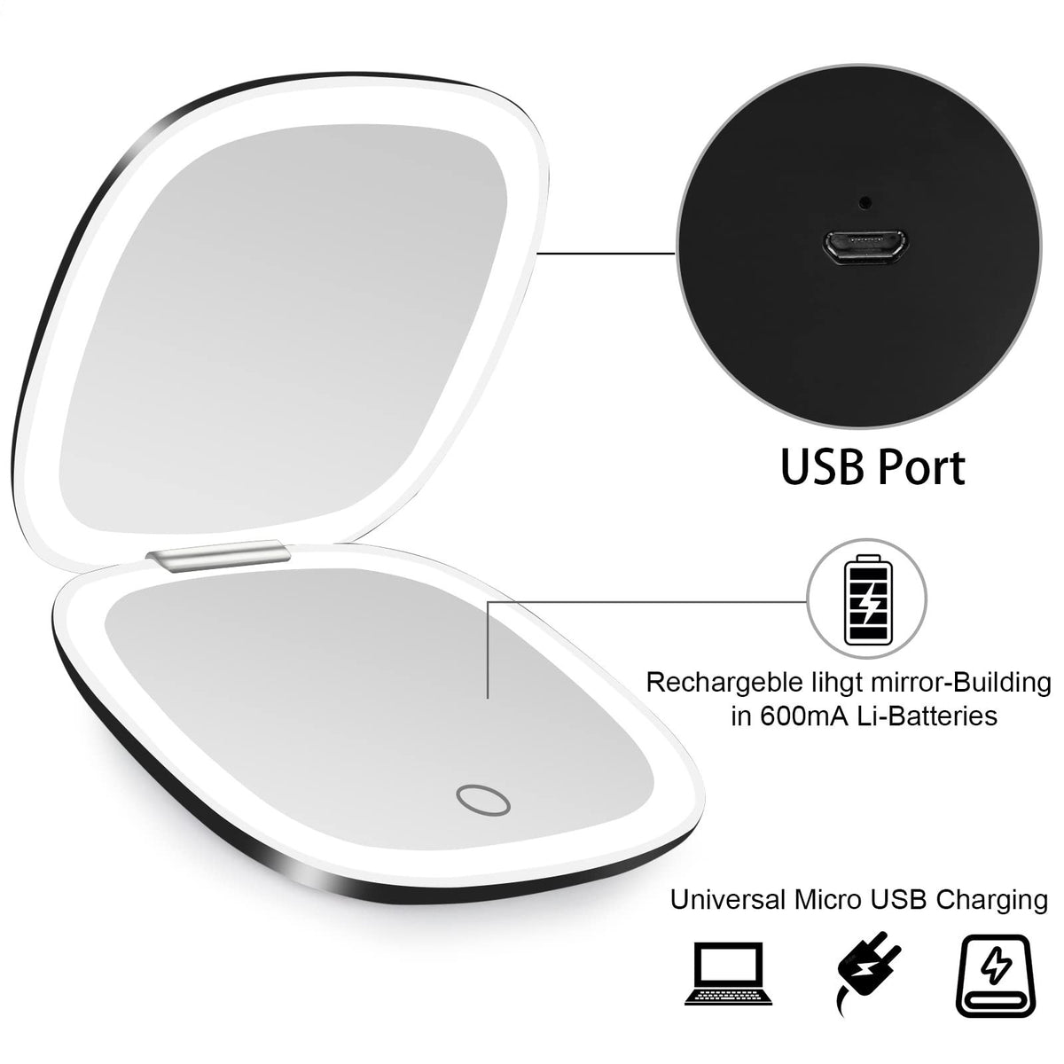 Lighted Travel Makeup Mirror with 1X/10X Magnification, Dimmable LED, USB Rechargeable, Portable Compact