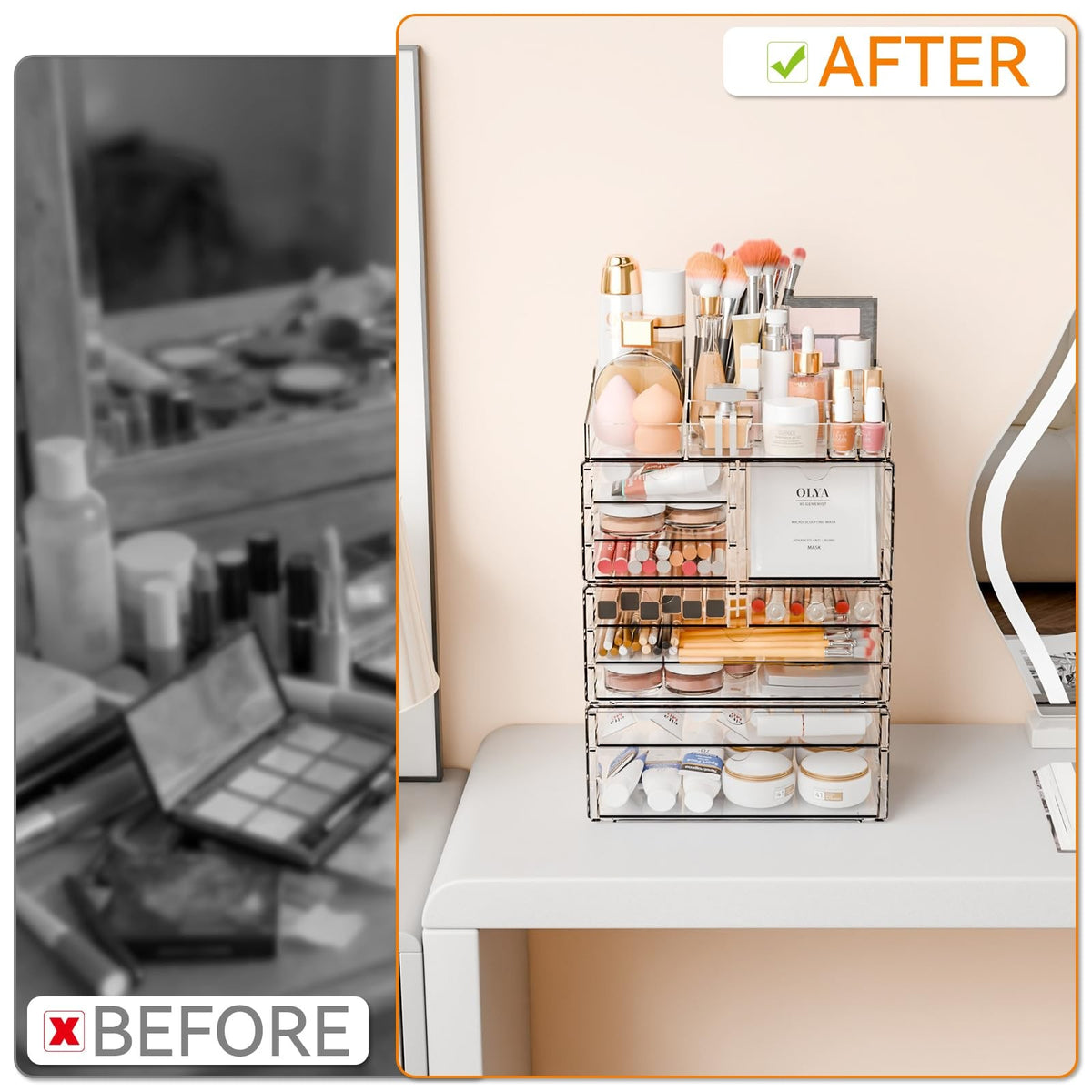 Large Capacity Makeup Organizer with Stackable Drawers and Top Tray - Clear Vanity Storage for Cosmetics & Skincare