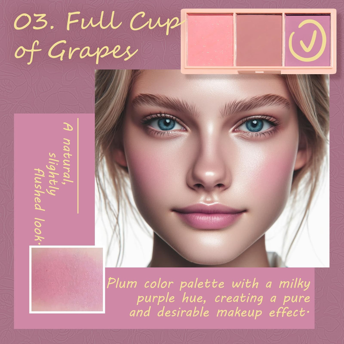 3 Color Matte Pink Blush Palette with Brush - Long Lasting Cheek Makeup