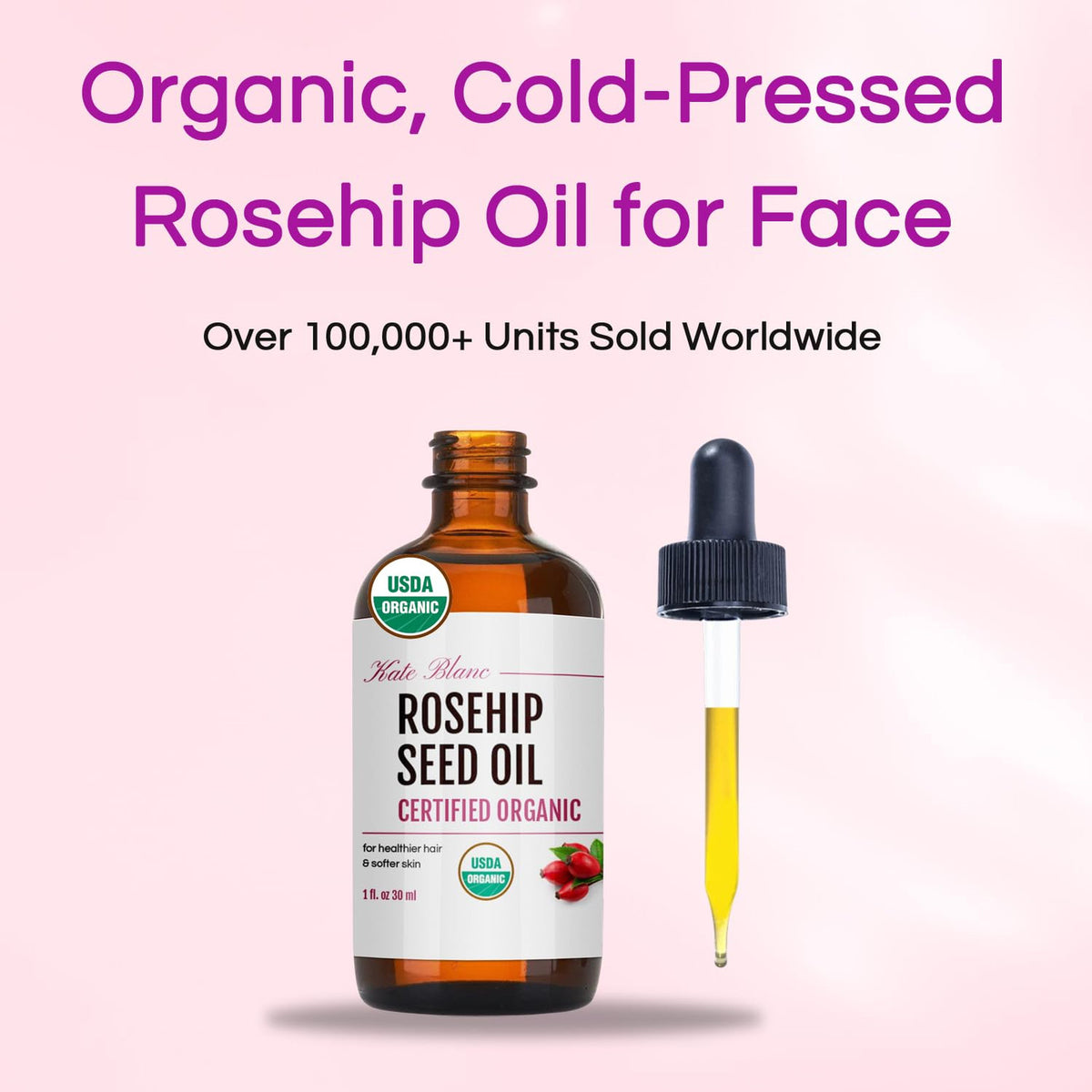 Organic Rosehip Seed Oil for Face & Skin - 1oz Cold Pressed Nourishing Oil