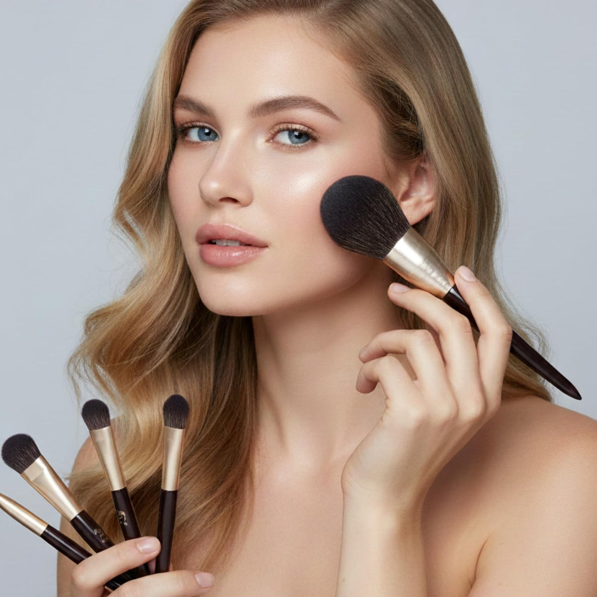 10-Piece Makeup Brush Set with Travel Case and Puffs for Beginners