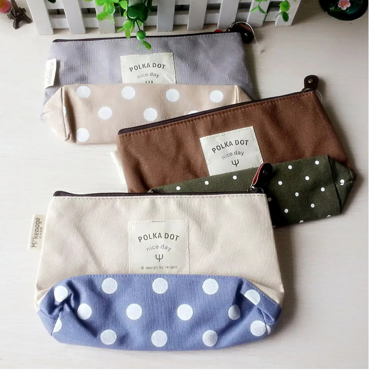 Set of 3 Polka Dot Canvas Cosmetic Makeup Bags Purse Pencil Cases