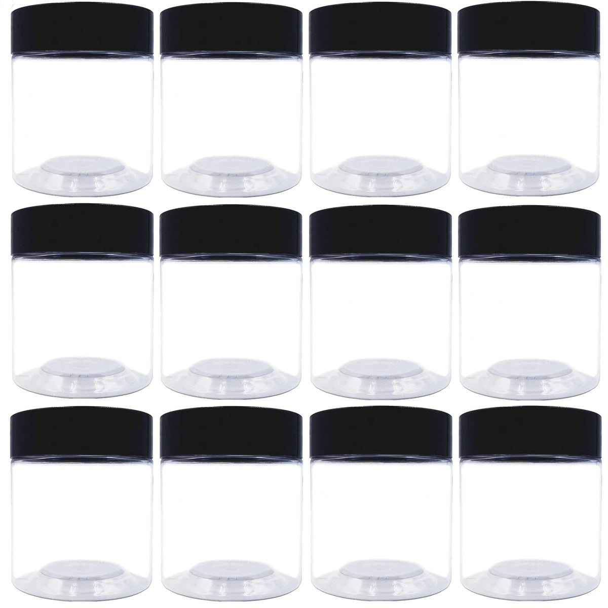 12-Pack 4 oz Plastic Jars with Wide Mouth & Black Lids - Food & Cosmetic Storage Containers