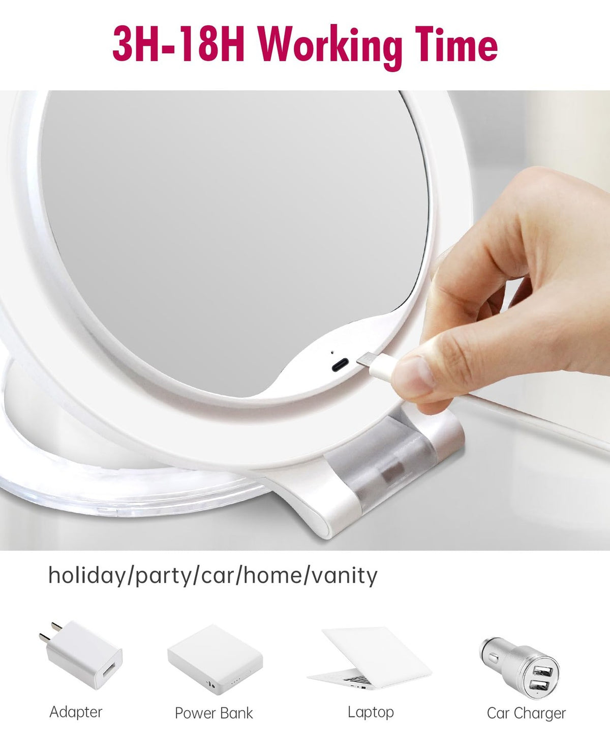 Rechargeable 30X Double Sided LED Makeup Vanity Mirror with 3 Light Modes
