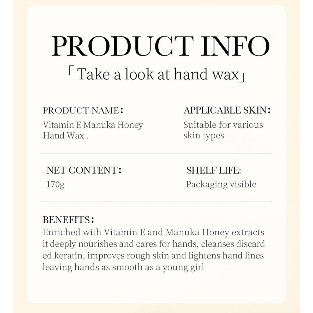 Manuka Honey Hand Wax Mask - Vitamin E Moisturizing, 170g