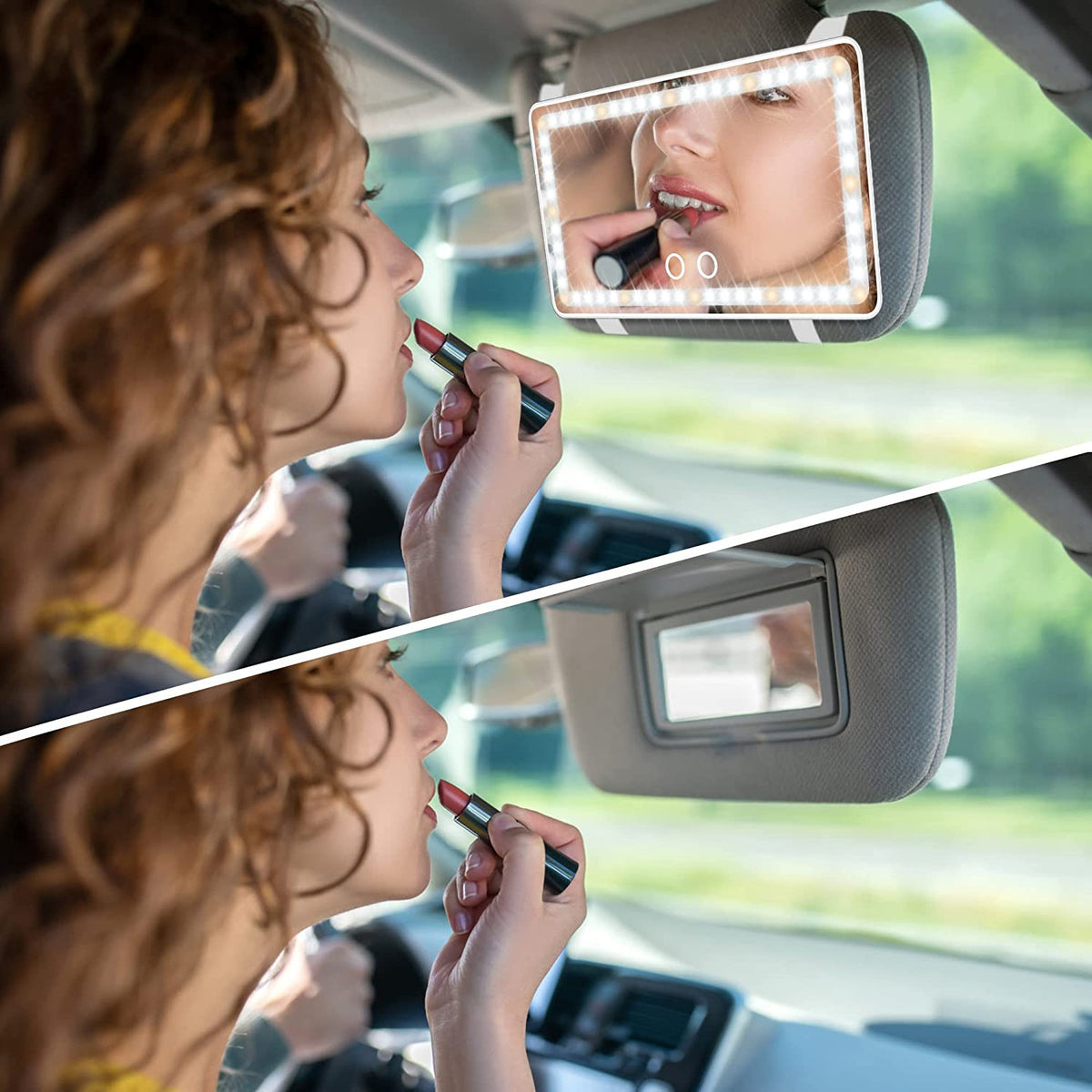 Rechargeable Car Sun Visor Vanity Mirror with LED Lights & Dimmable Bicolor Lighting