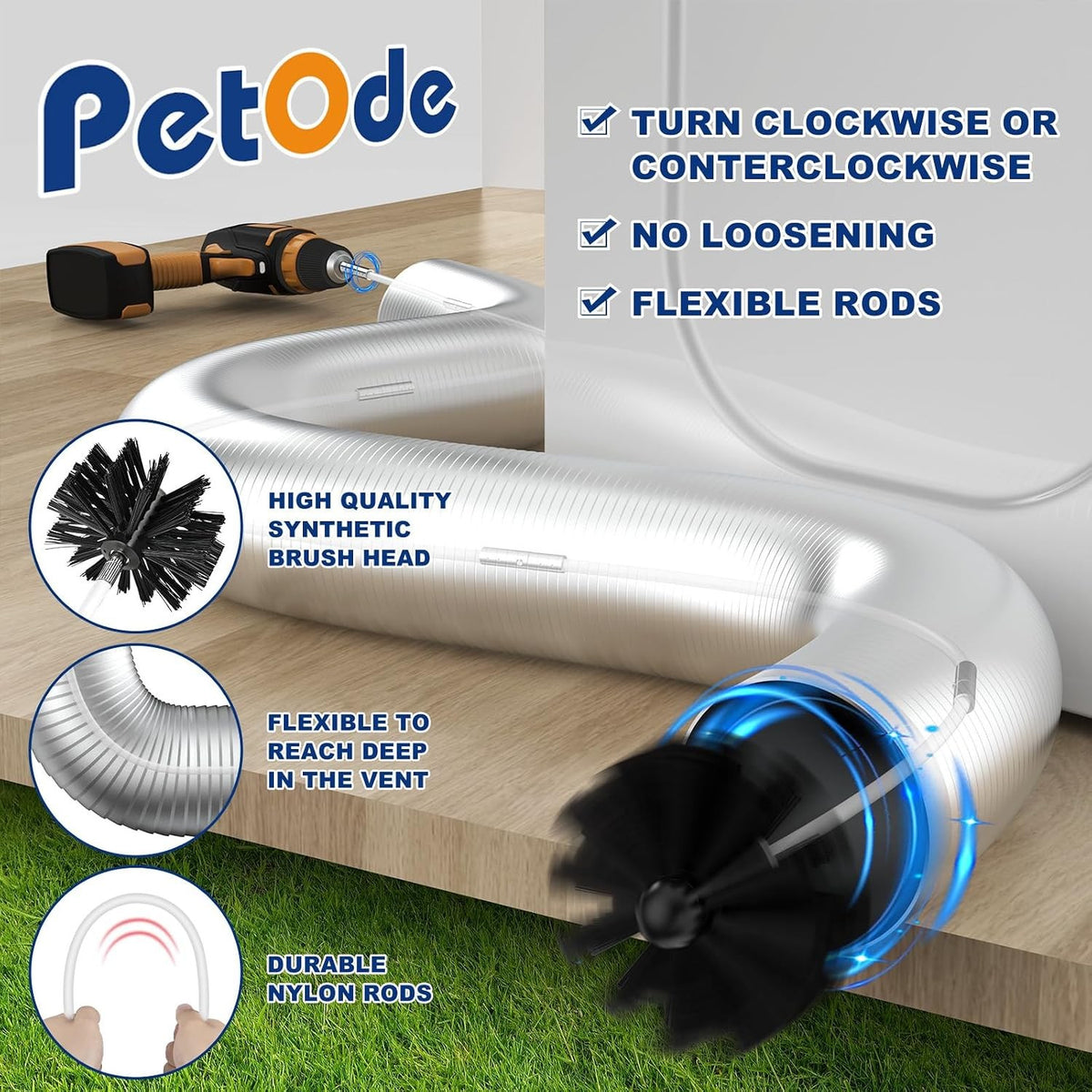 PetOde 32ft Dryer Vent Cleaning Kit with Flexible Quick Snap Brush
