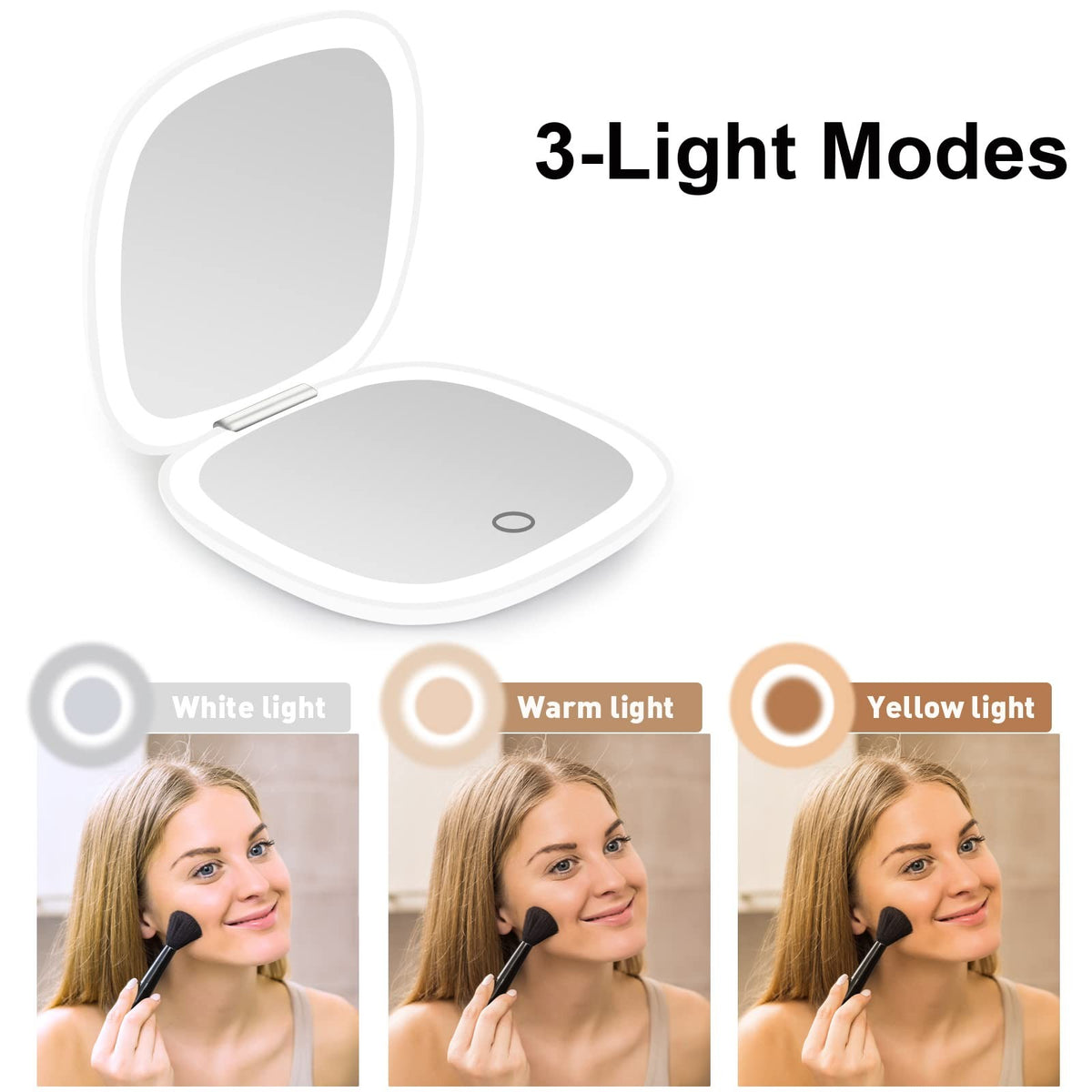 Rechargeable Lighted Compact Makeup Mirror with 1X/10X Magnification and Dimmable LED Lights