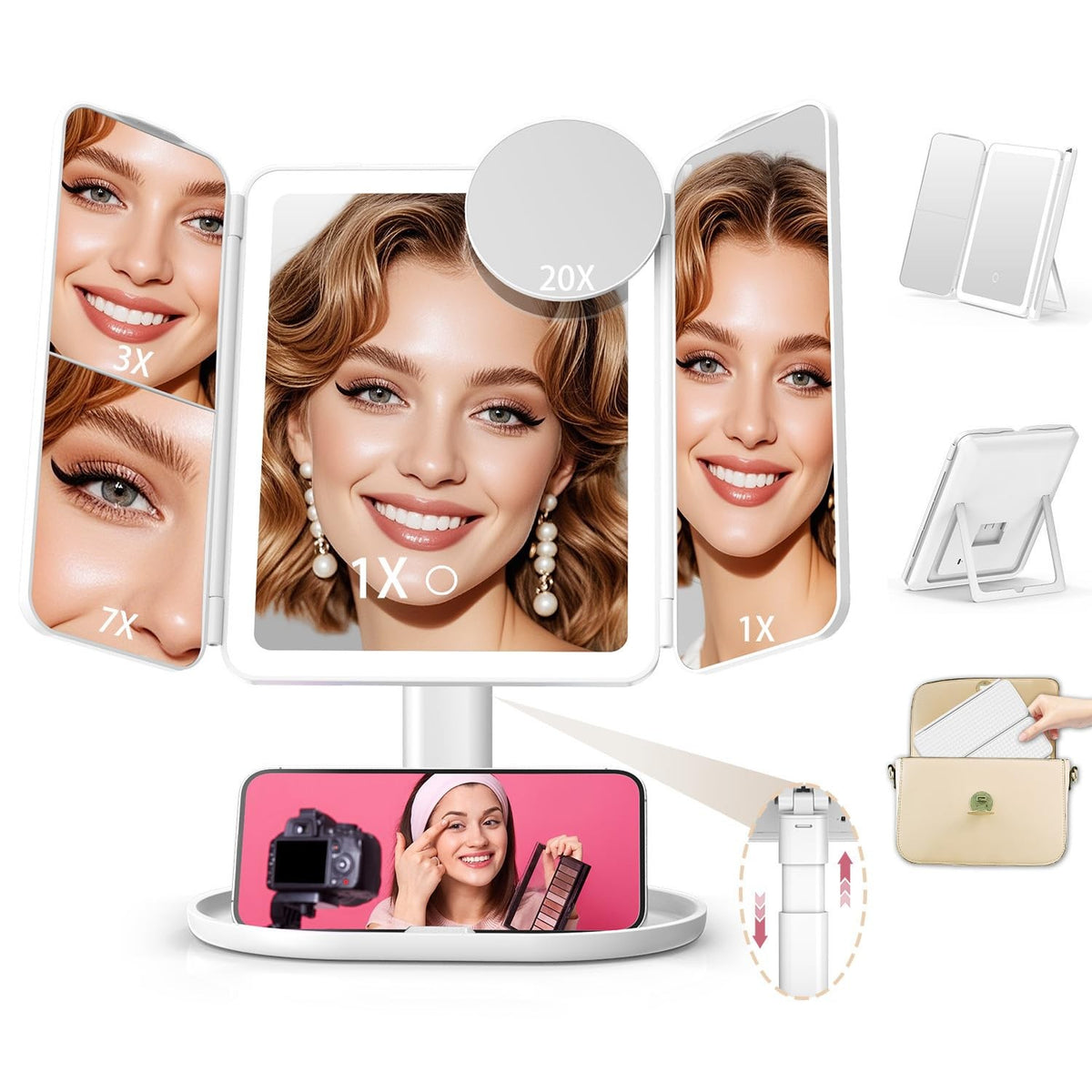 Magnifying Lighted Vanity Mirror 1X/3X/7X/20X with 3 Color Modes Rechargeable