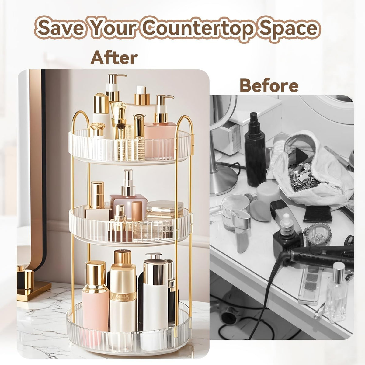 360° Rotating Makeup Organizer 3-Tier Vanity Storage Clear