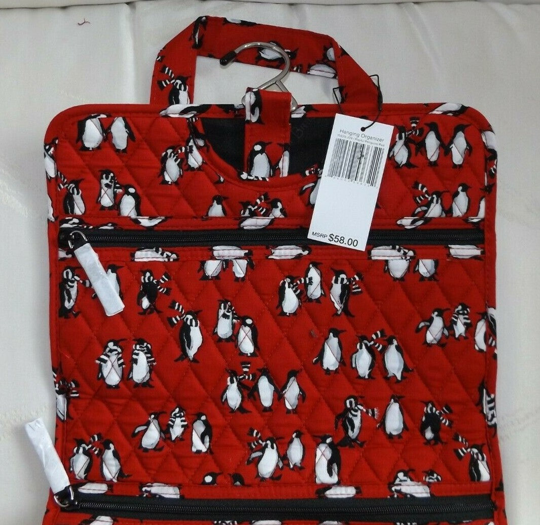 Travel Cosmetic Organizer Bag Hanging Travel Case with Multiple Compartments - Playful Penguins Red