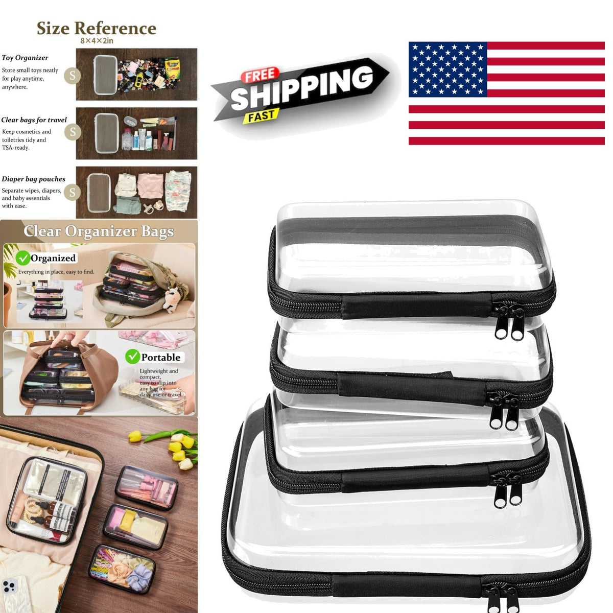 Set of 4 Clear Hard Shell Travel & Storage Pouches - Organizer Bags