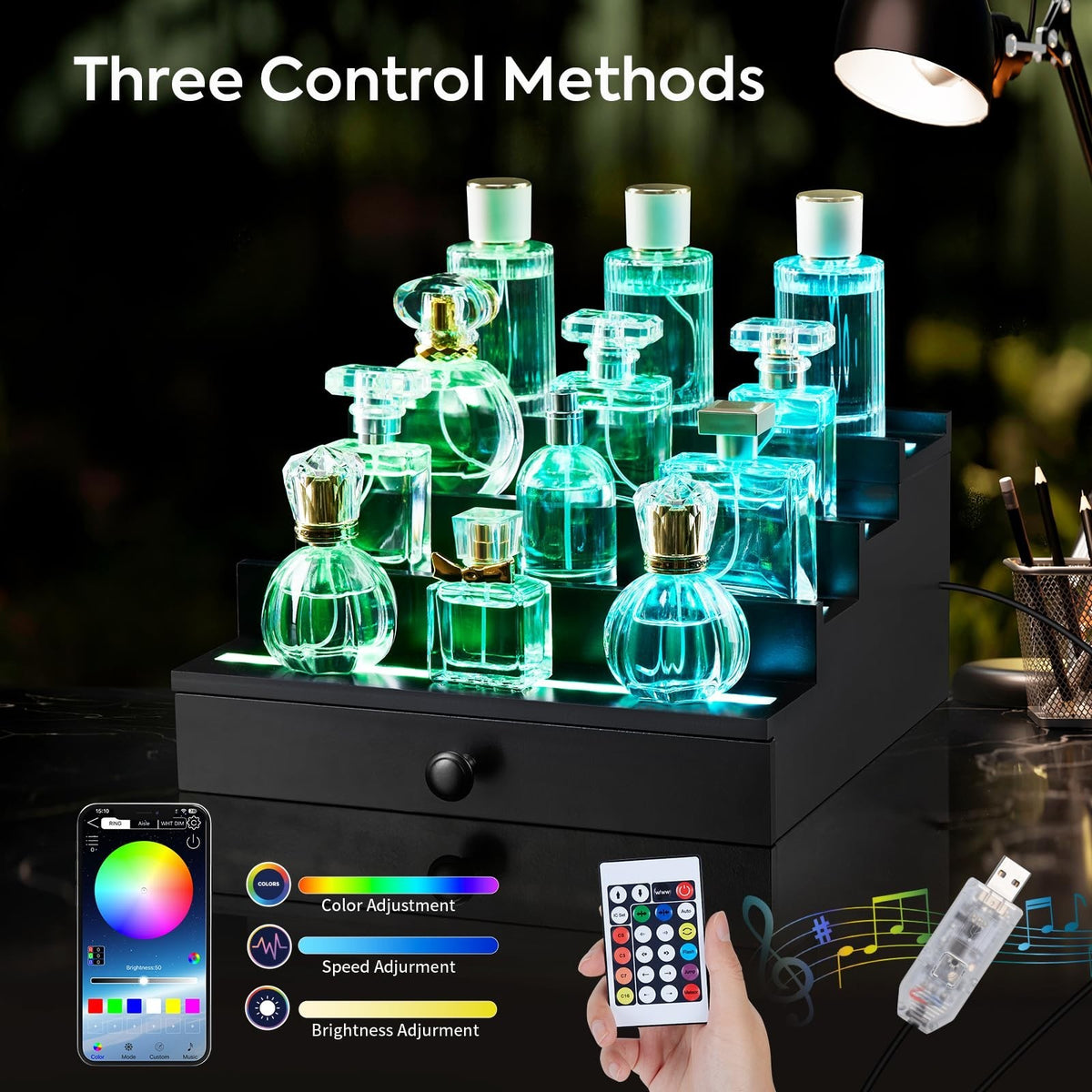 LED Lighted Perfume Organizer for Men with Remote Control and Drawer