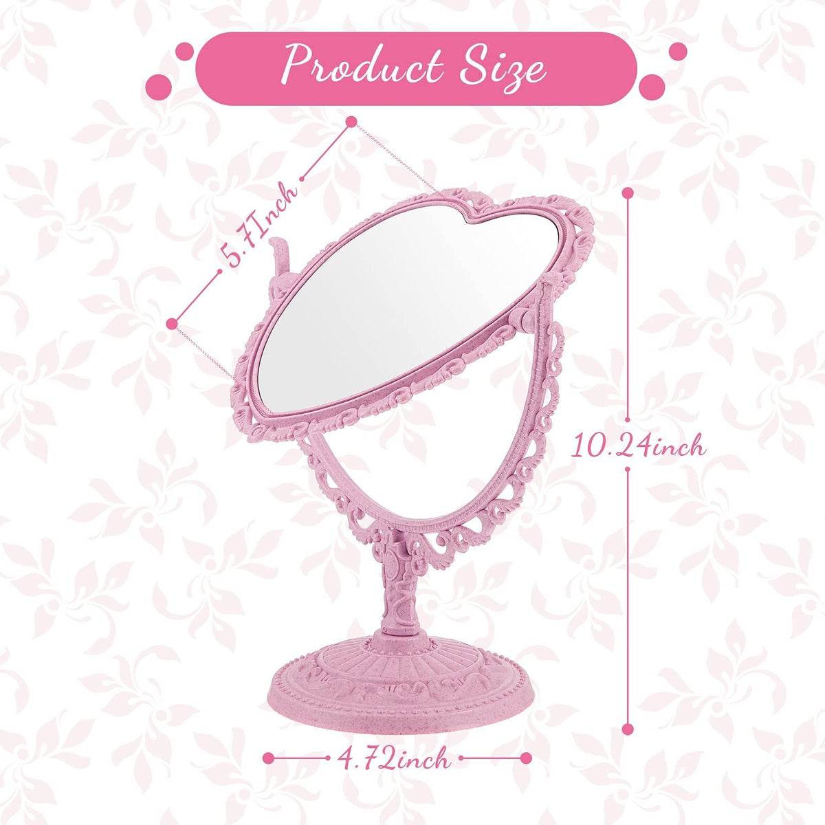Heart Shaped Vanity Mirror & Hair Combs Set - Rotatable Double-Sided Pink