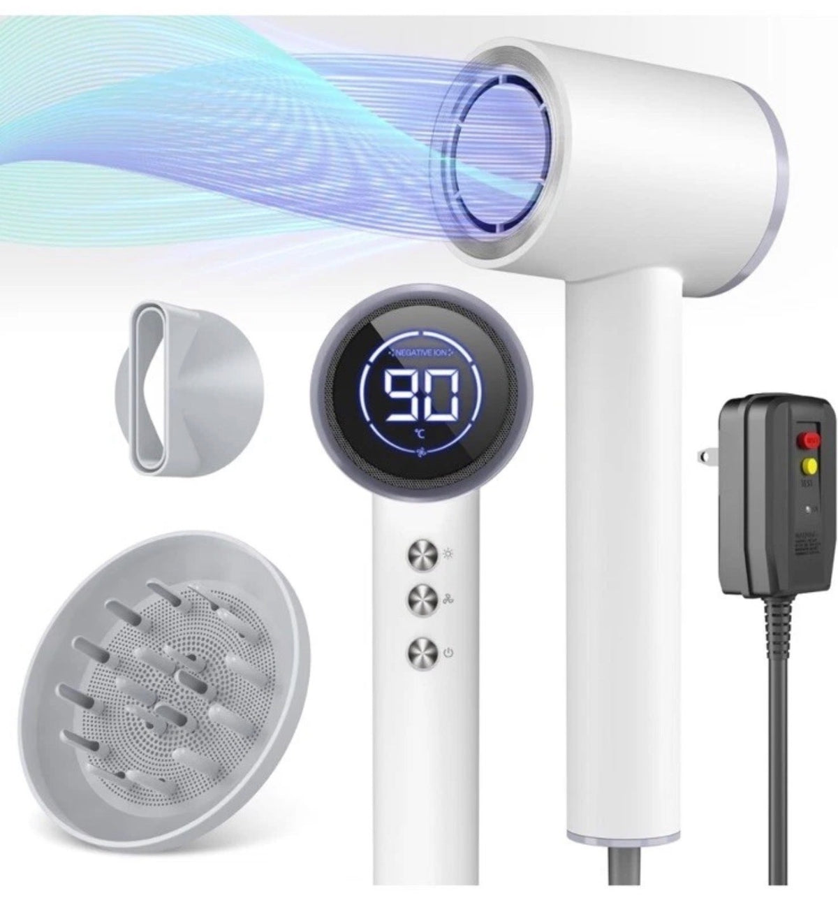 Ionic Hair Dryer with Diffuser & Concentrator - LED Display, Fast Drying White