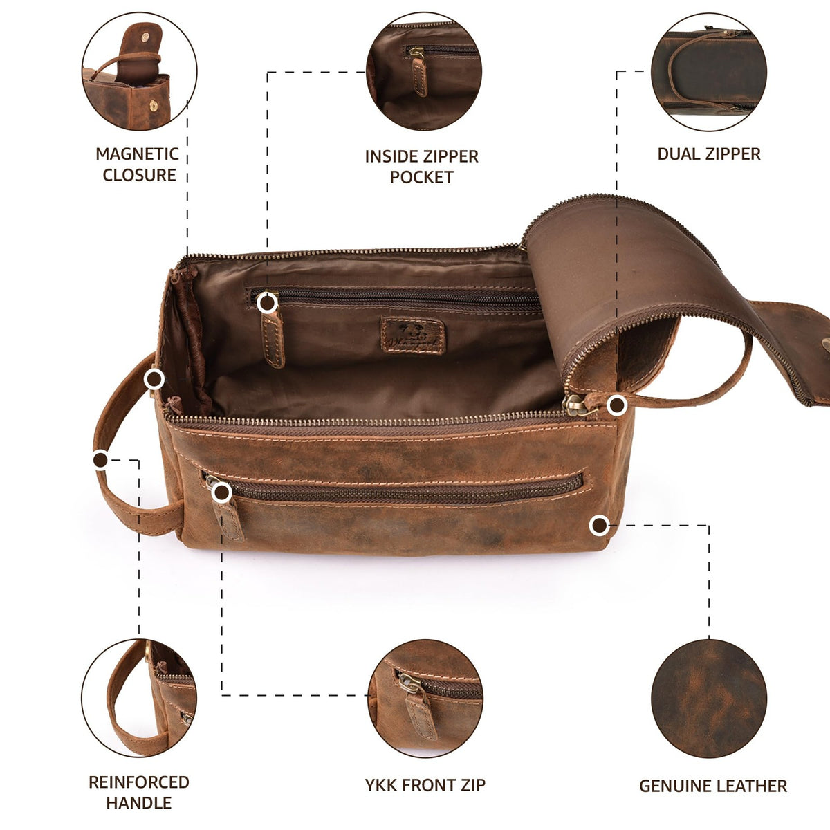 Genuine Leather Travel Toiletry Bag - Water-Resistant Dopp Kit for Men & Women