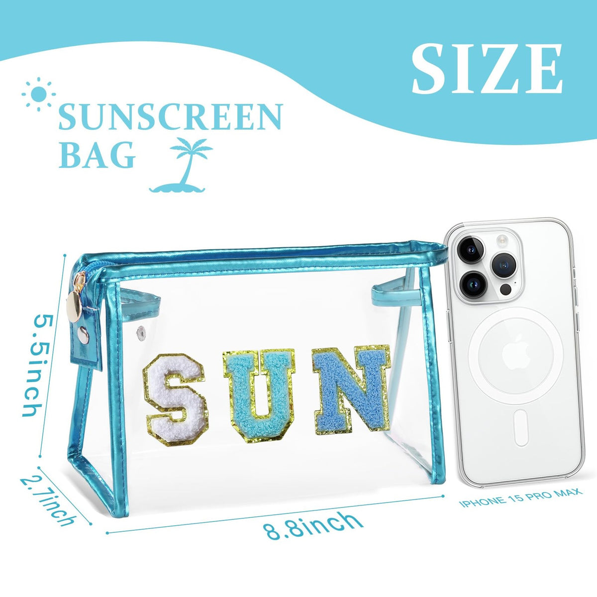 Clear Sunscreen Makeup Bag for Beach & Travel - Blue 8.8 x 2.7 x 5.5 Inches