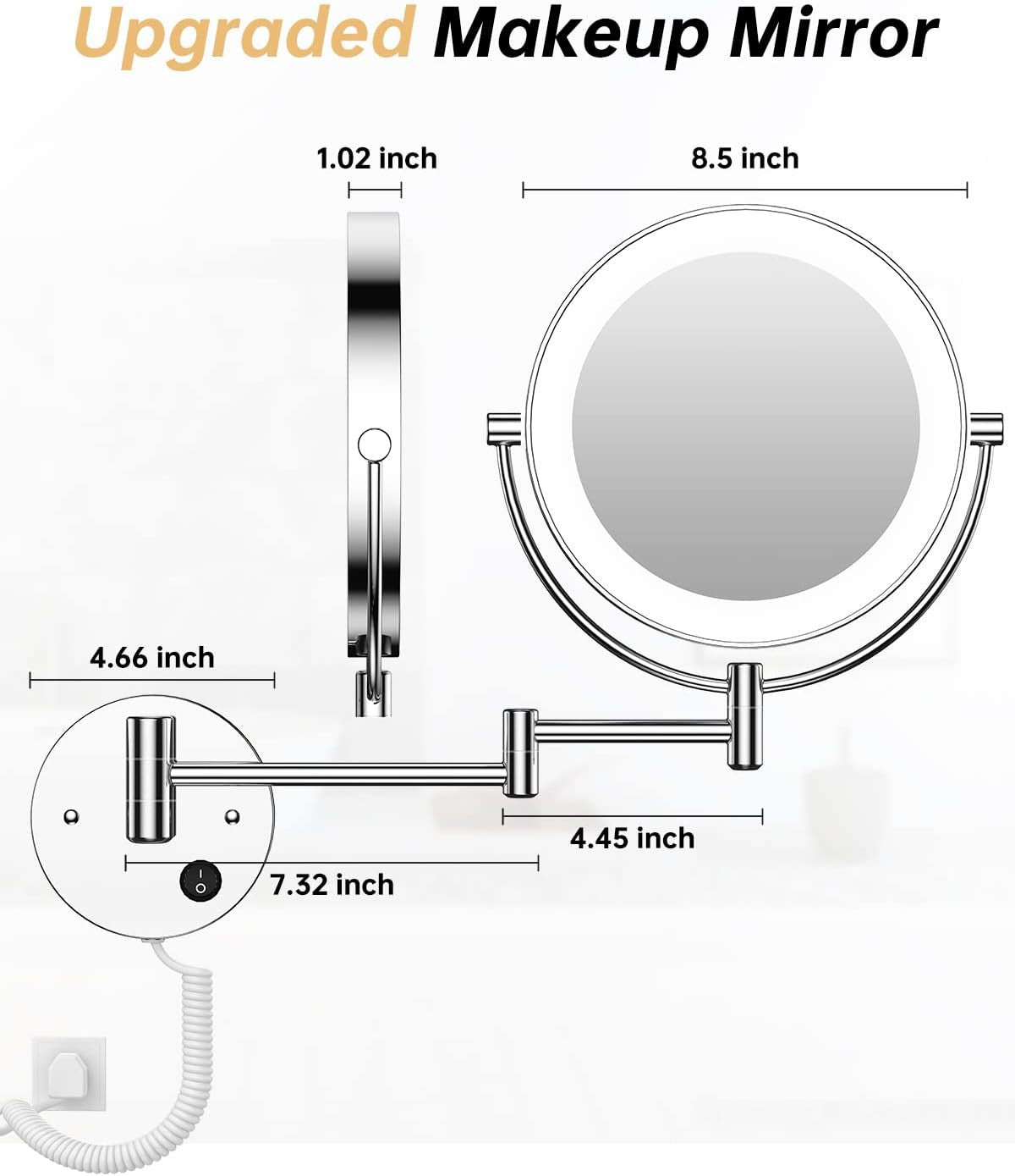 8.5-Inch Wall Mounted Lighted Magnifying Mirror 1X/10X Double-Sided