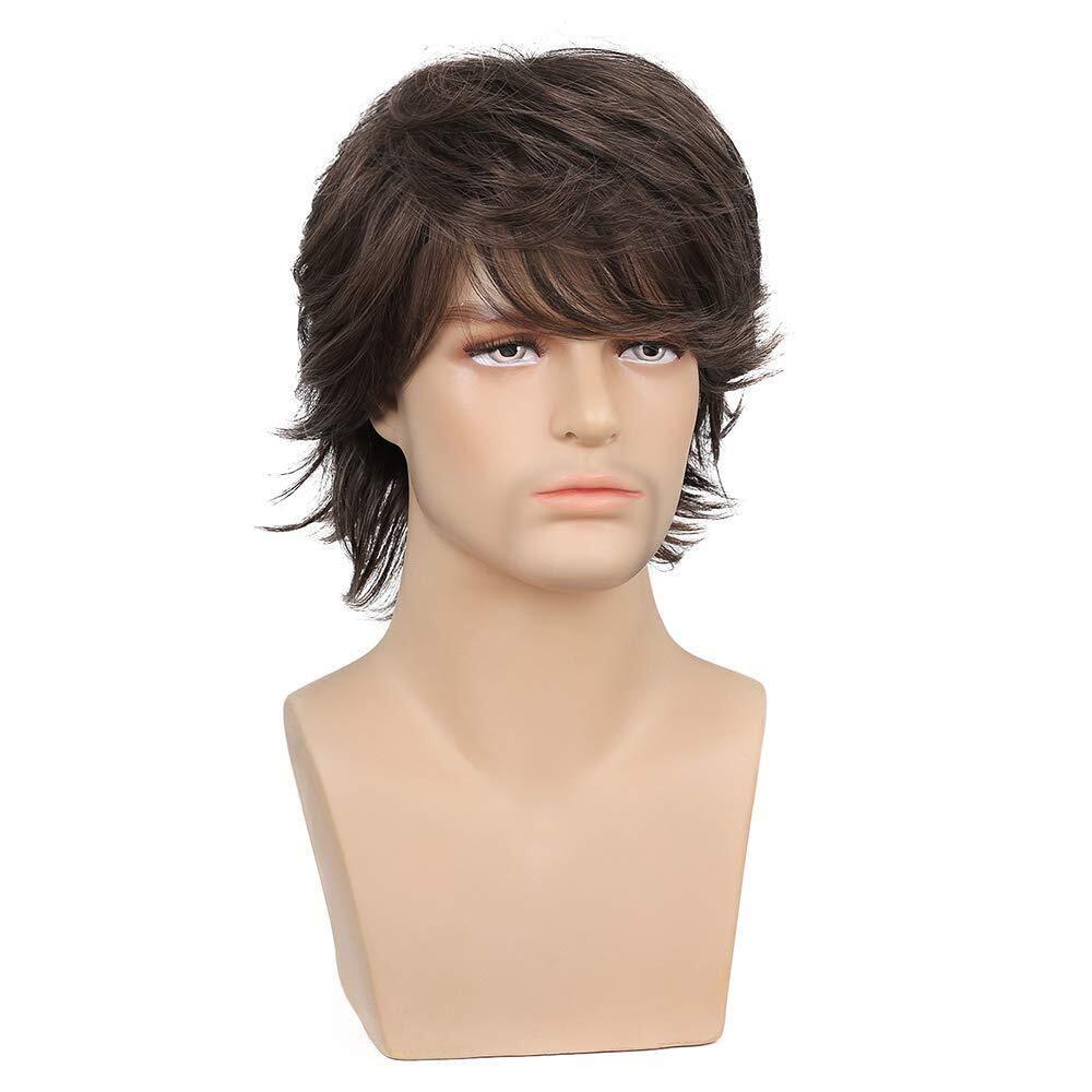 Mens Short Brown Synthetic Wig with Bangs - Natural Wave, Adjustable Cap