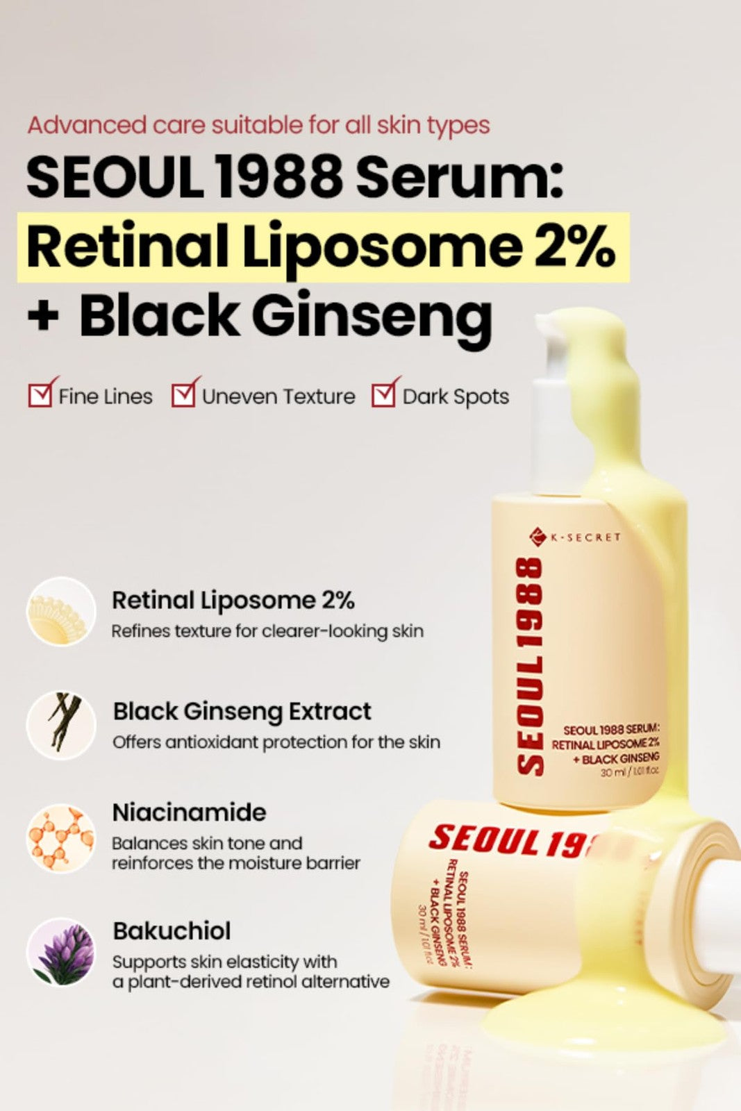Retinal Serum with Black Ginseng for Fine Lines & Skin Texture - 30ml