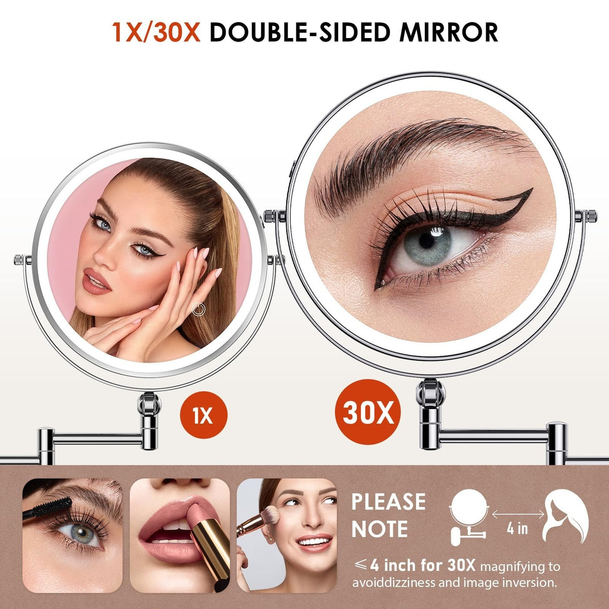9-Inch Wall Mounted Lighted Makeup Mirror - Rechargeable 1X/30X Magnification with Touch Control
