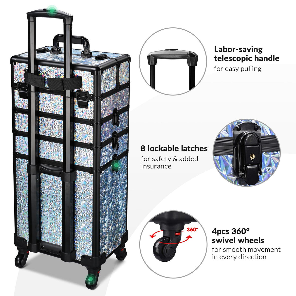 Rolling Makeup Train Case with 4-in-1 Adjustable Compartments and Silver Gradient Design