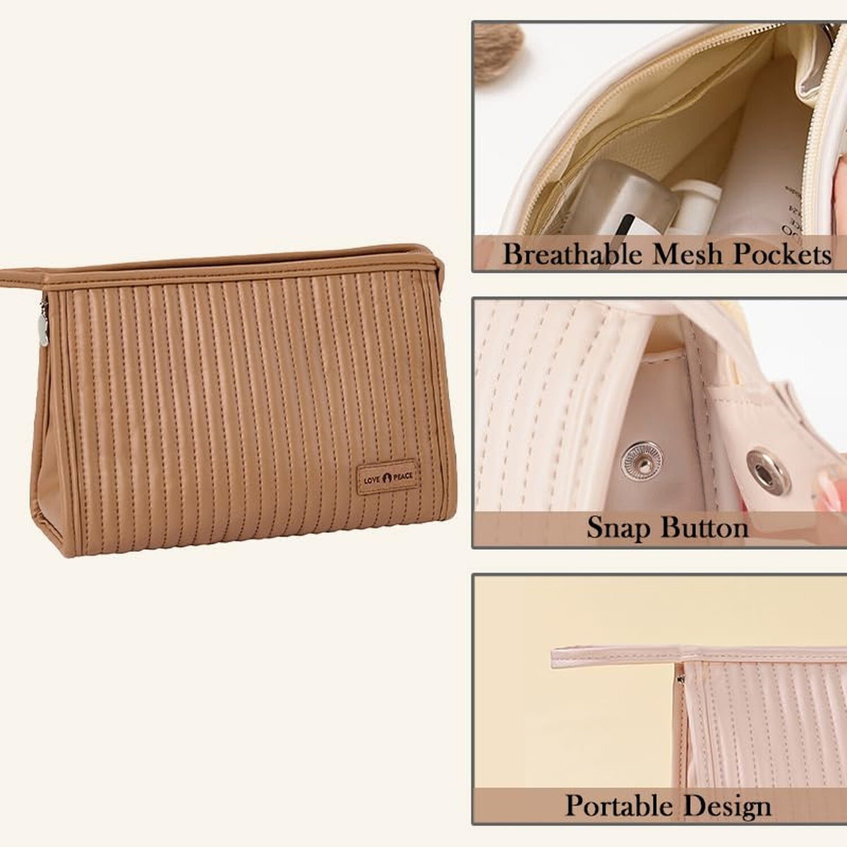 Large Travel Makeup Bag with Flat Bottom and Mesh Pockets for Women