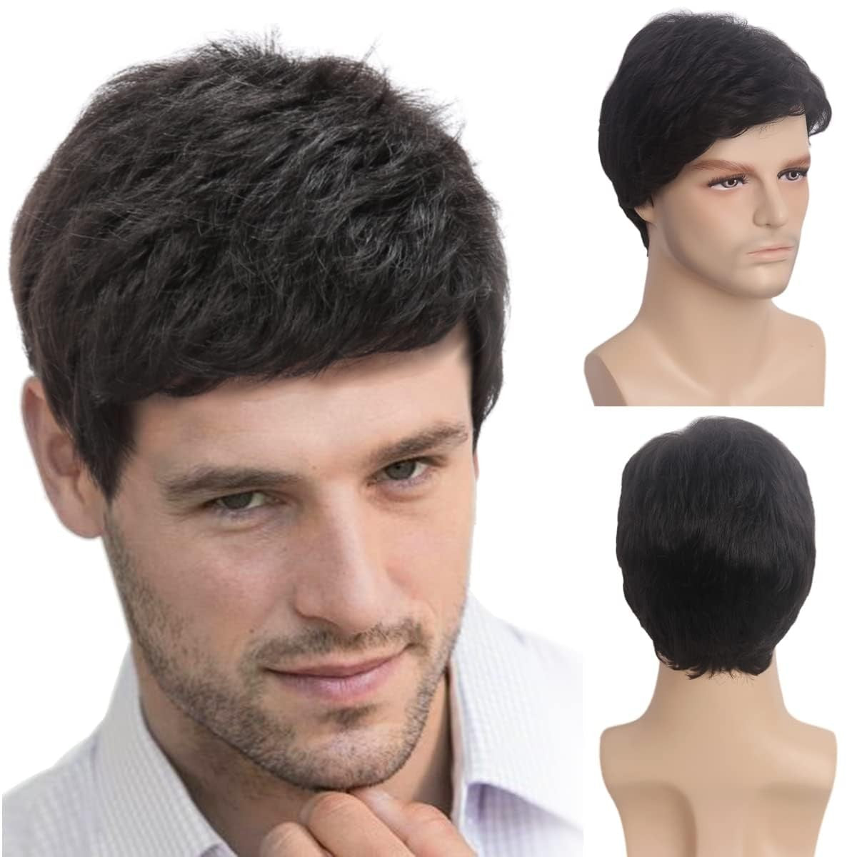 Men's Short Black Wavy Synthetic Wig for Daily & Cosplay Use
