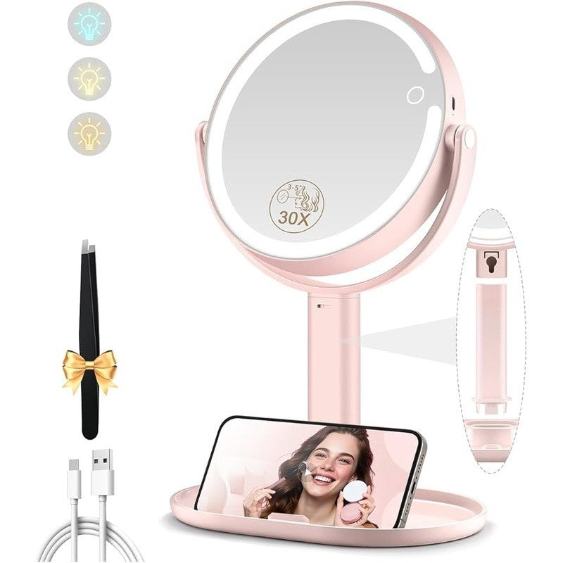 Lighted Makeup Mirror with 30X Magnification and Adjustable Brightness - 360° Rotation