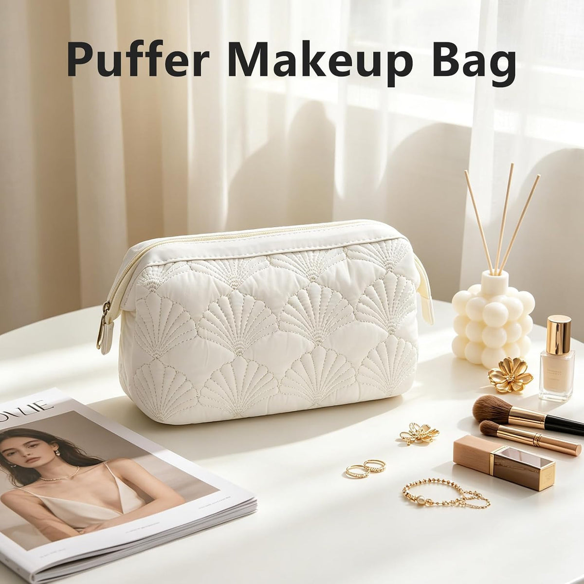 Travel Makeup Bag for Women - White Shell Padded Cosmetic Pouch with Wide Opening