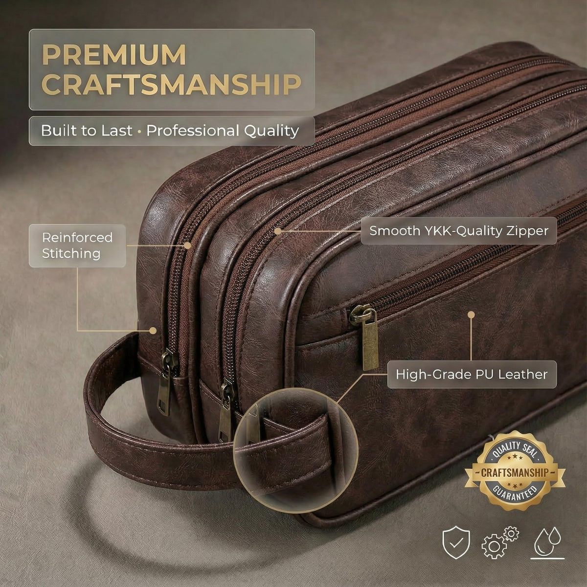 Men's Travel Toiletry Bag Leather Waterproof Shaving Organizer - Large Capacity
