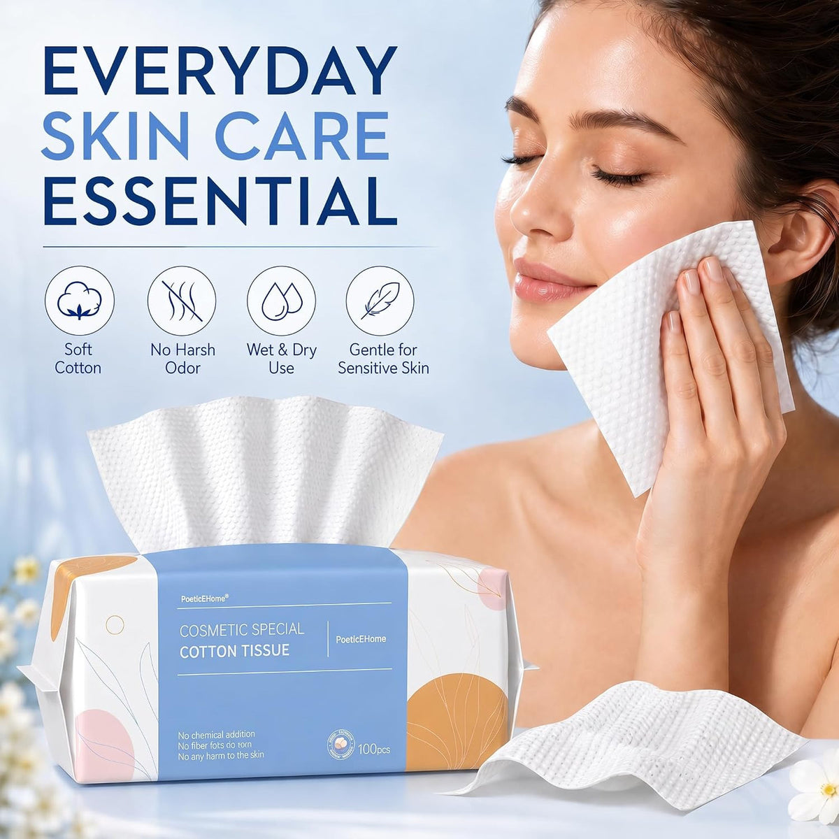 Cotton Face Tissues 6 Pack – 100% Dry Cleansing Wipes, Lint-Free Facial Towel