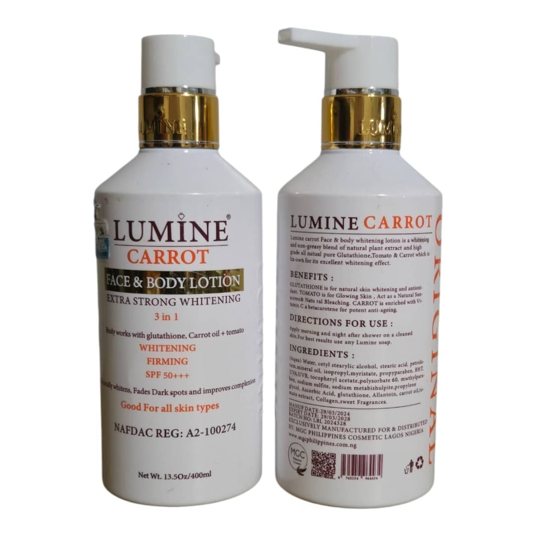 Lumine Carrot Brightening Firming Lotion SPF 50++ for Face & Body 2 Pack 400ml