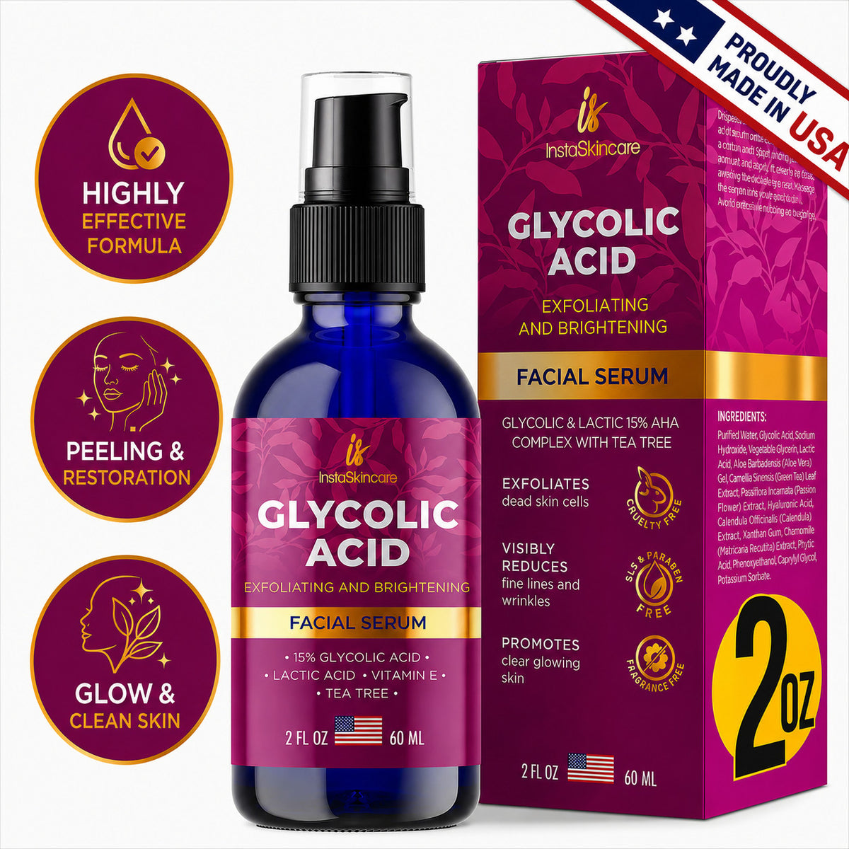 Glycolic Acid 15% Lactic AHA Face Serum for Brightening & Anti-Aging 2oz