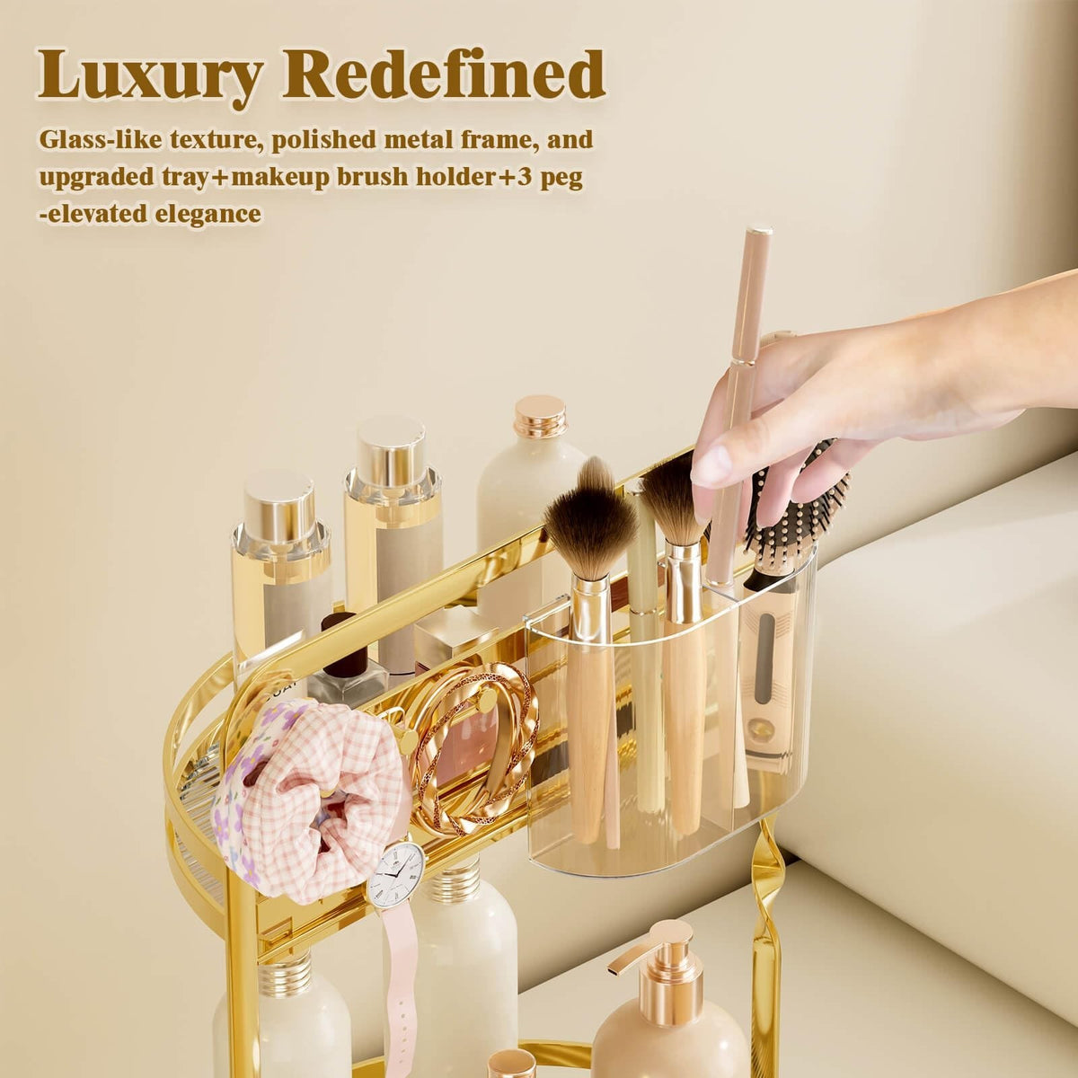 Rotating Makeup Organizer with 2-Tier Storage and Jewelry Hooks - Gold
