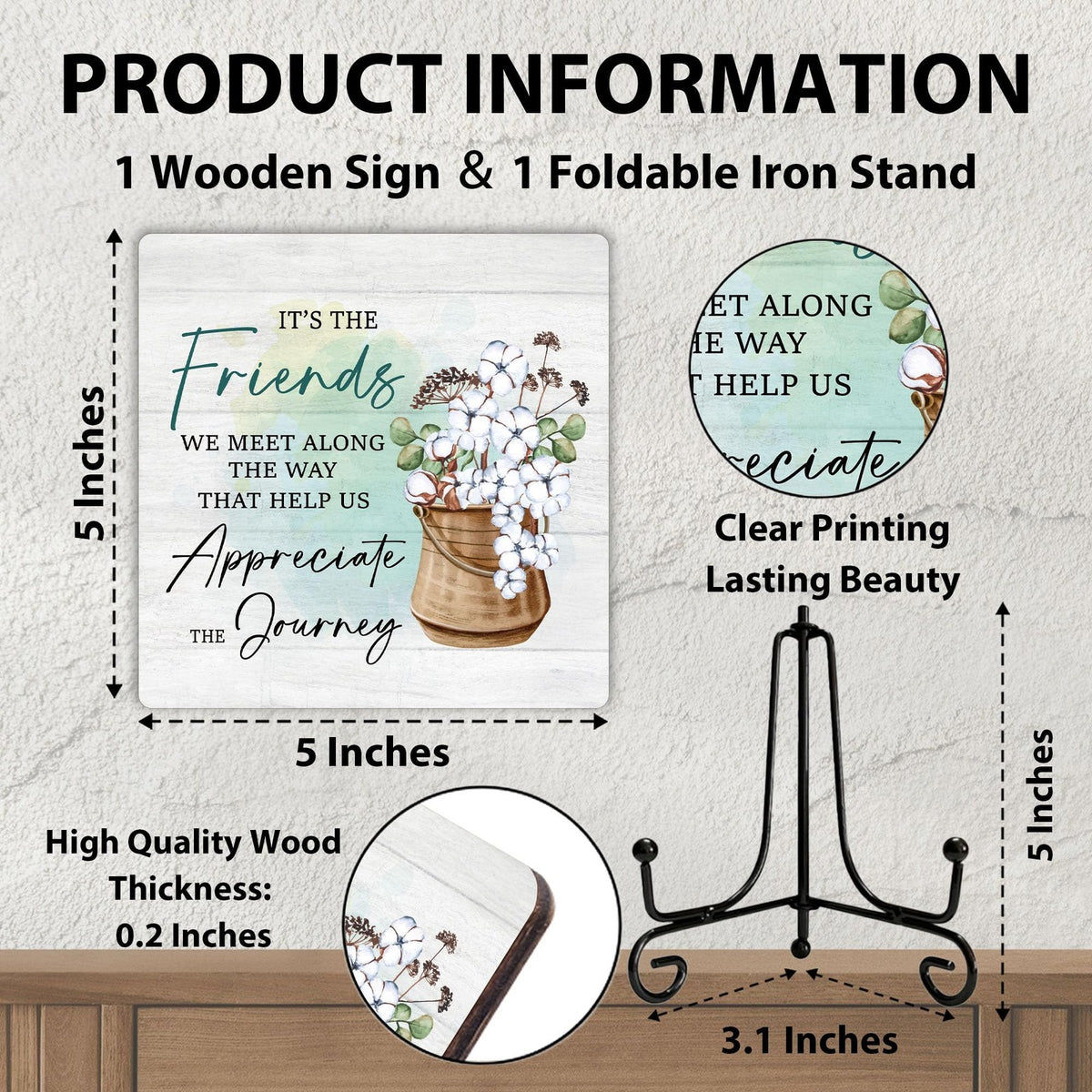 Friendship Themed Wooden Desk Decor Sign - 5x5 Inches for Office & Home